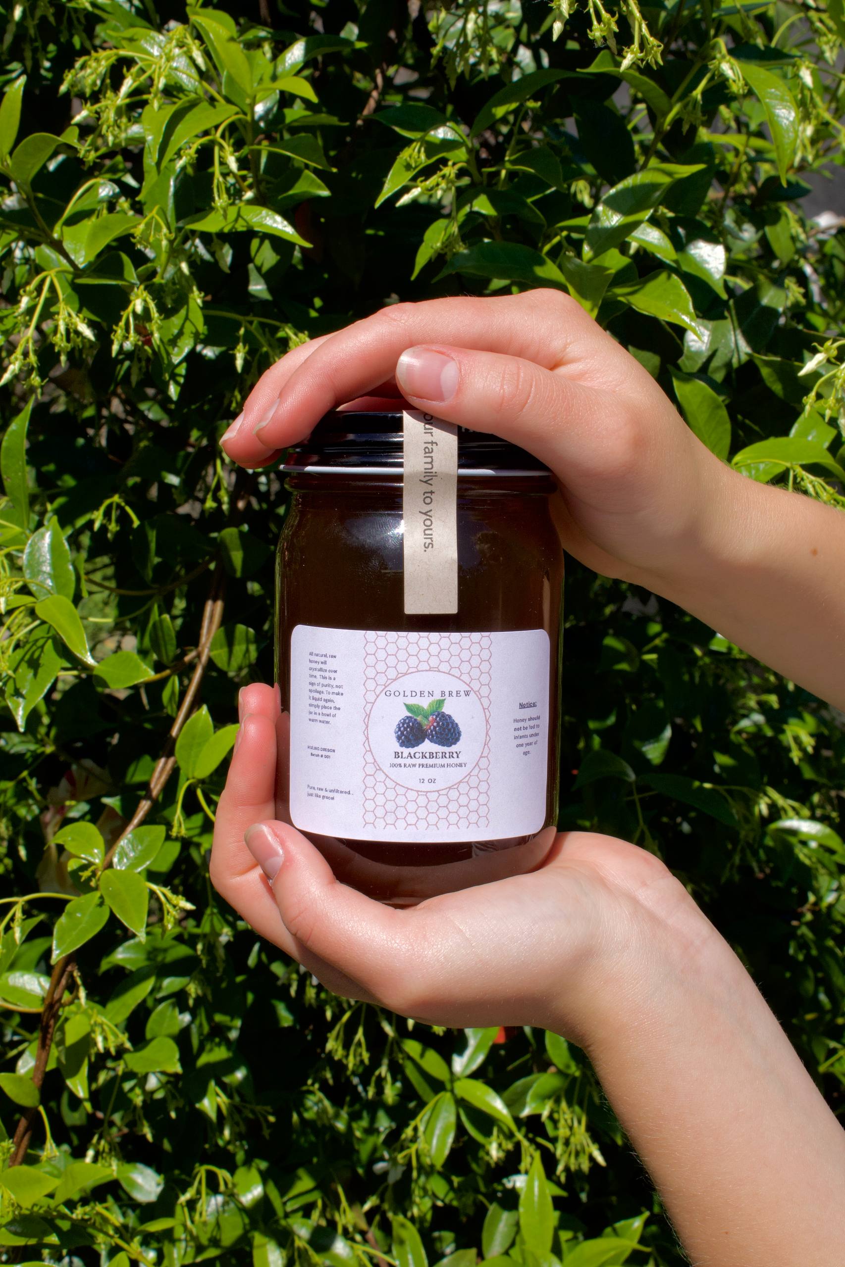 Hands holding a jar of Golden Brew Oregon Blackberry Honey against a leafy green backdrop