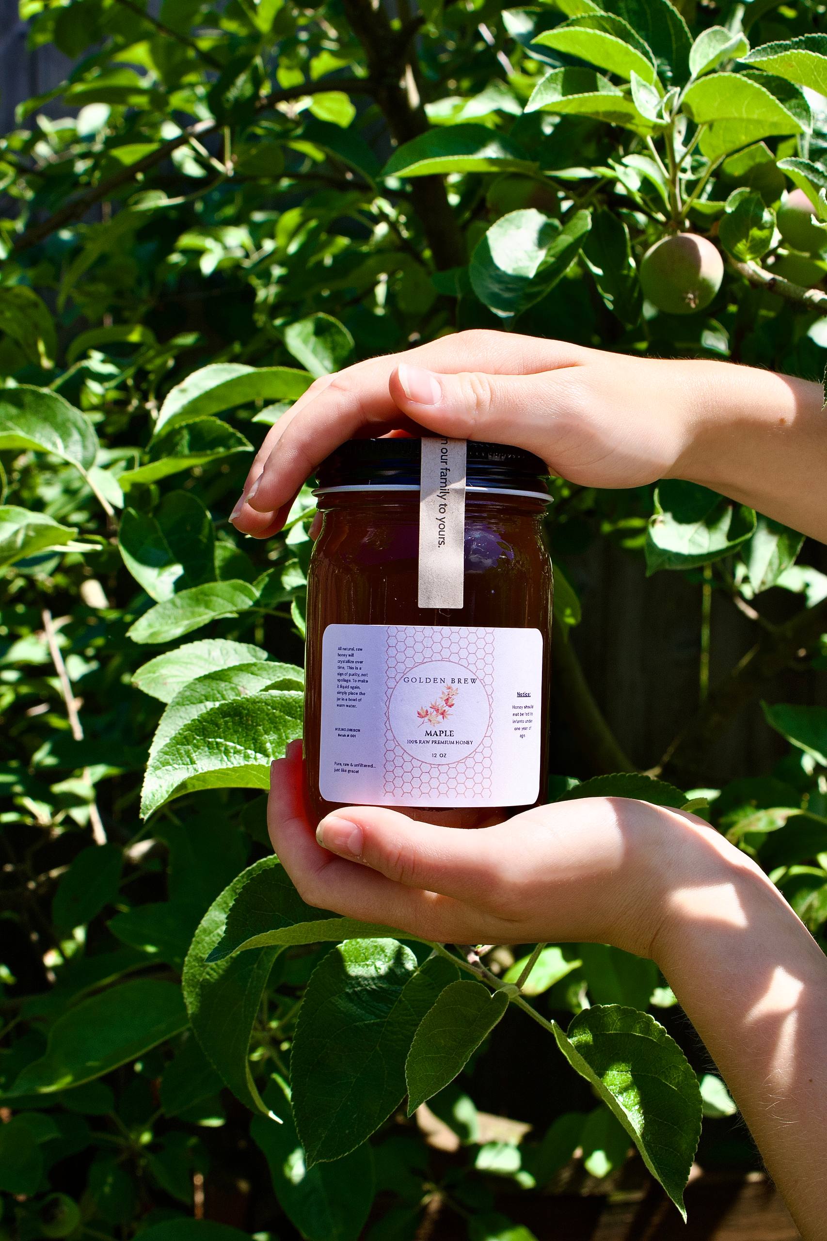 Hands holding a jar of Golden Brew Bigleaf Maple Honey against a leafy green background